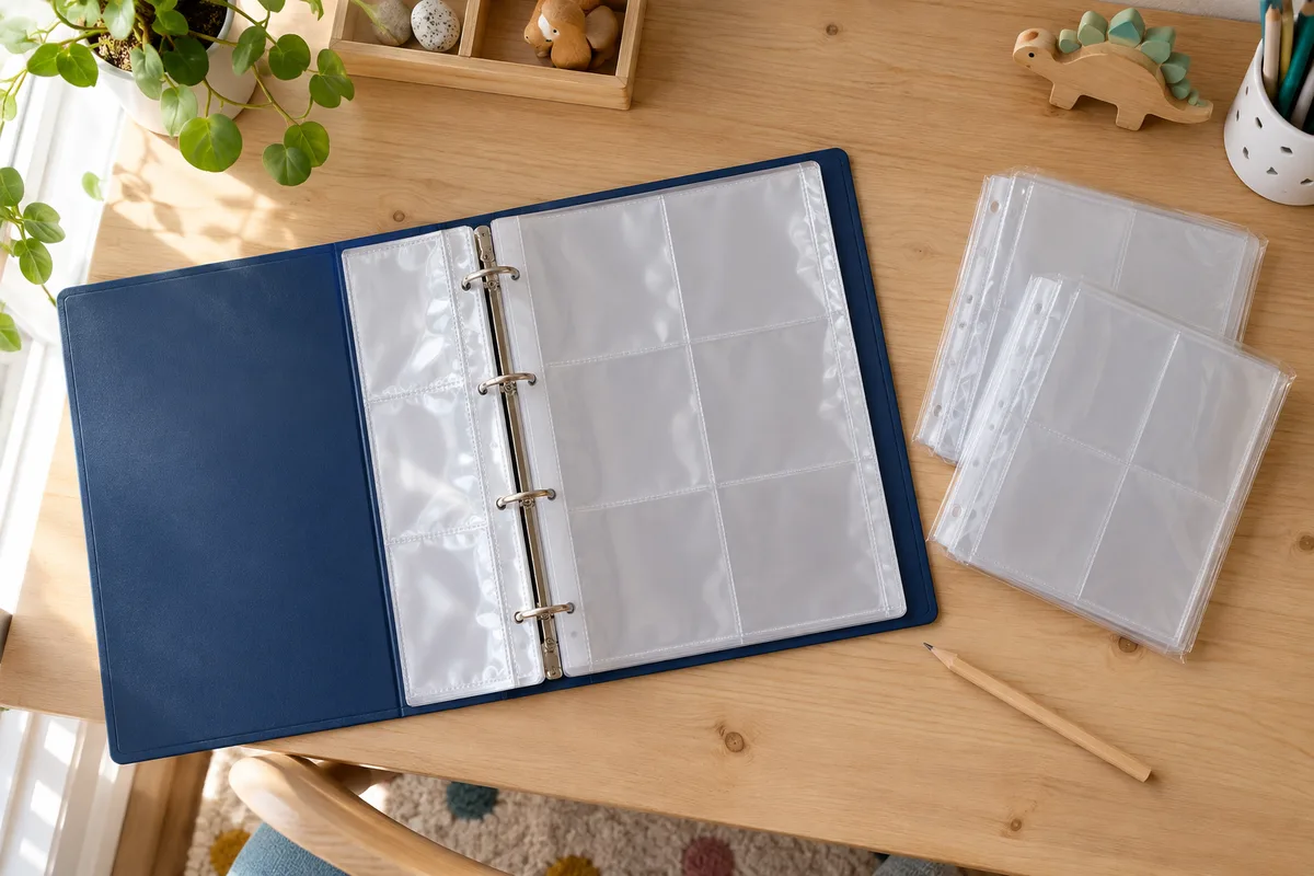 Classeur ouvert sur des pages de pochettes transparentes vides, à côté de paquets de pochettes souples