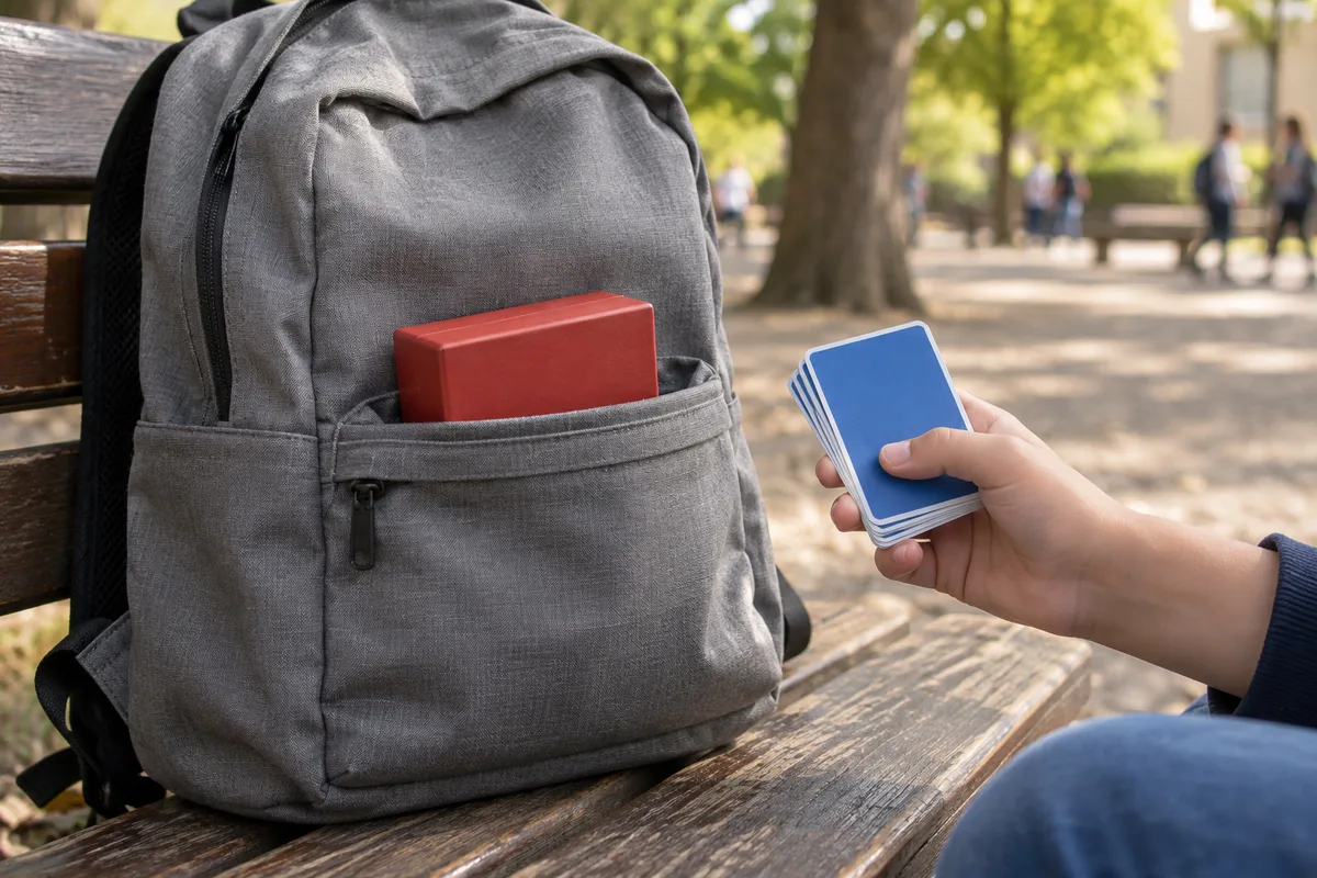 Boîte de rangement rouge dans la poche d’un sac à dos, près d’une main d’enfant qui tient des cartes retournées