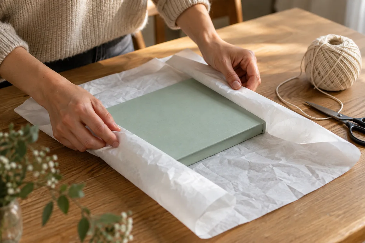 Mains d’adulte qui enveloppent un portfolio vert d’eau dans du papier de soie blanc