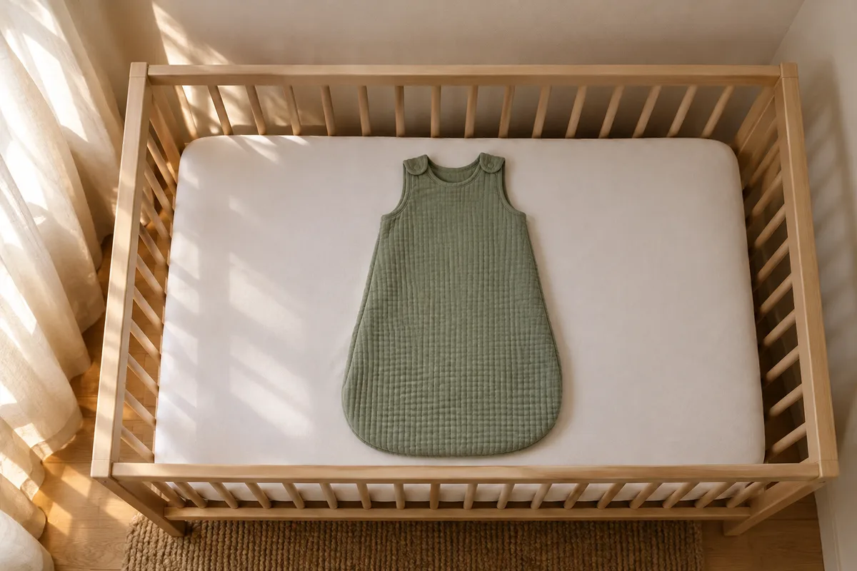 Gigoteuse en coton gaufré vert sauge posée à plat dans un lit à barreaux en bois clair