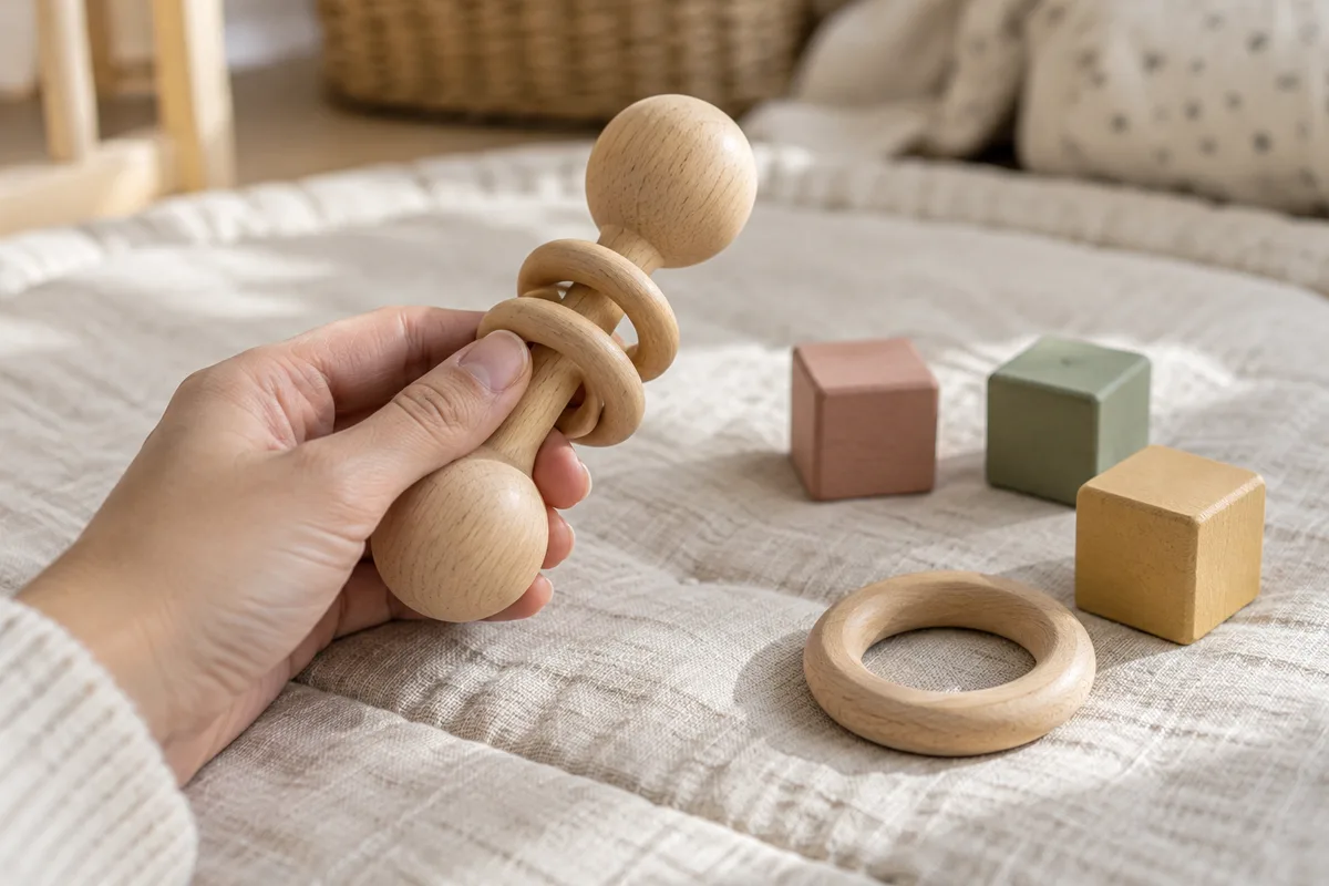Main d&rsquo;adulte tenant un hochet en bois au-dessus d&rsquo;un tapis d&rsquo;éveil en lin écru