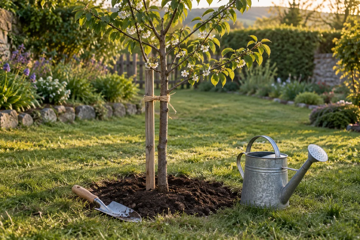 Jeune cerisier fraîchement planté au fond d&rsquo;un jardin, pelle et arrosoir posés au pied