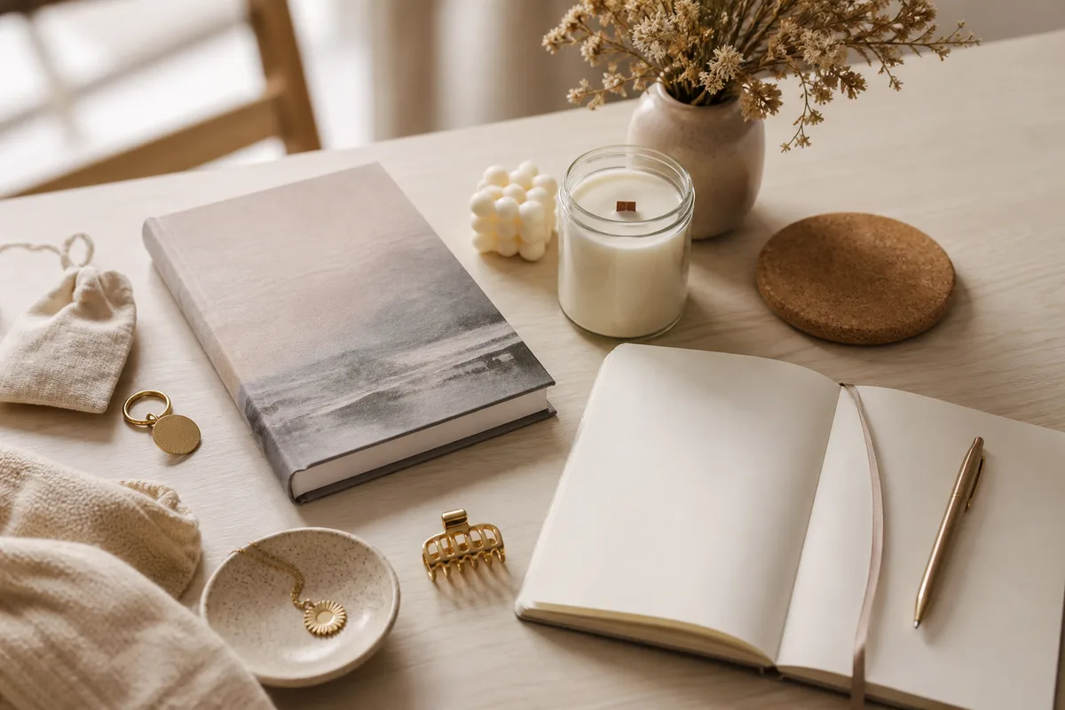 Sélection de cadeaux originaux à moins de 30 euros posés sur une table lumineuse