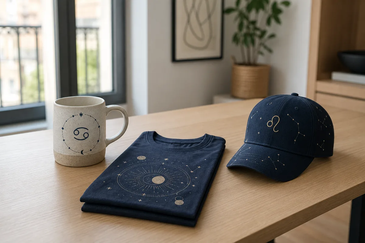 Mugs et t-shirts déclinés par signe du zodiaque posés sur un bureau clair