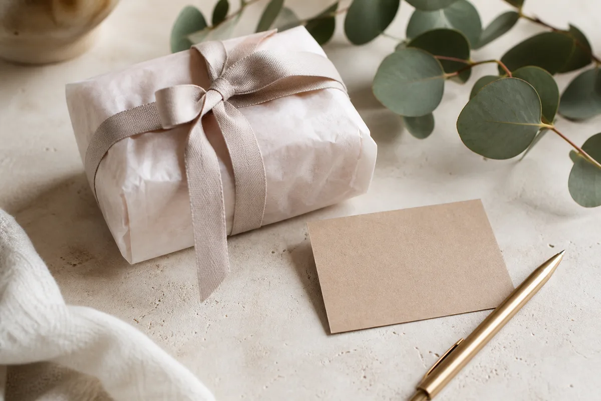 Cadeau emballé dans du papier de soie avec ruban et petit mot manuscrit