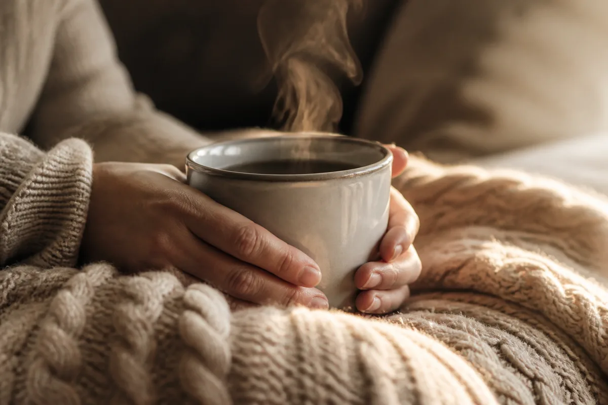 Mains tenant une tasse en céramique posée sur un plaid en laine épaisse