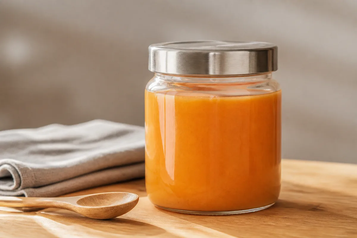 Bocal en verre rempli d’une soupe orangée posé sur un plan de travail en bois