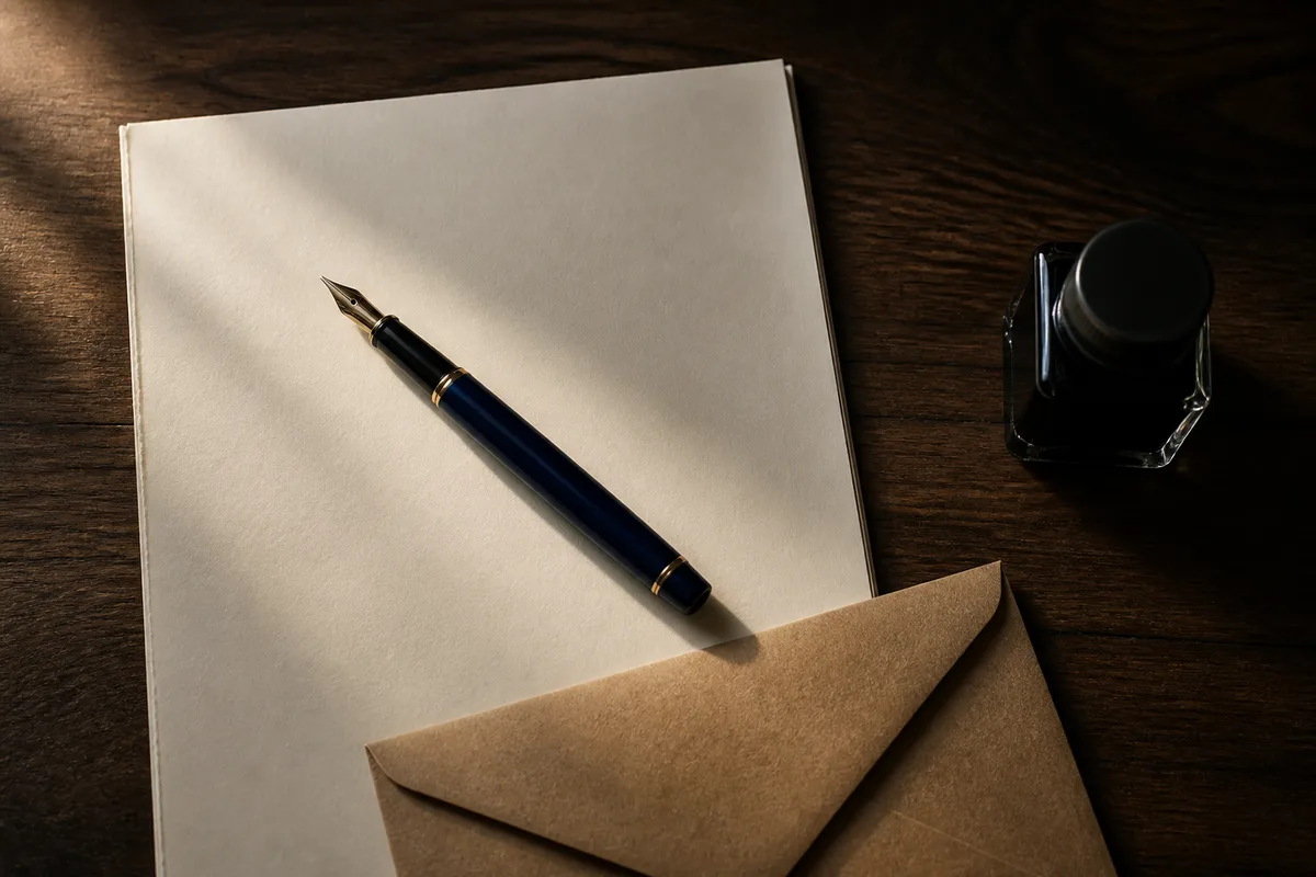 Stylo plume posé sur une feuille de papier crème à côté d’une enveloppe kraft