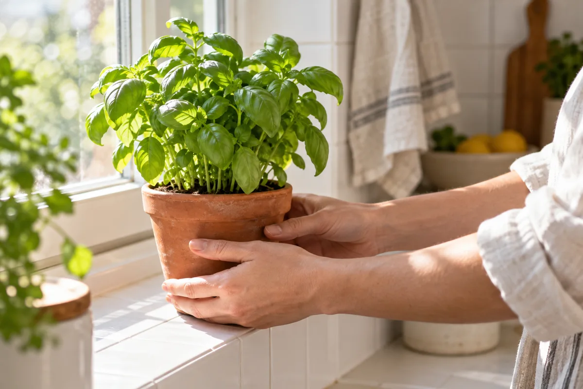 Mains qui posent un pot de basilic en terre cuite sur le rebord ensoleillé d&rsquo;une fenêtre de cuisine