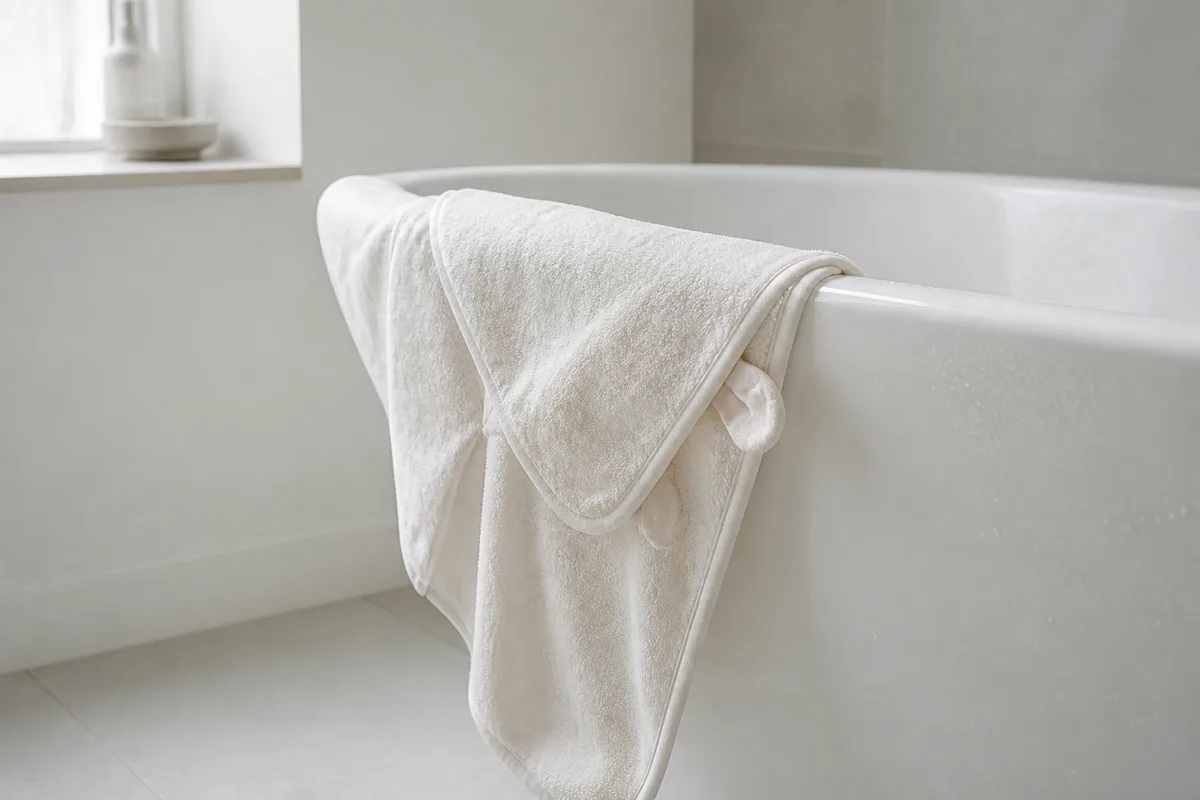 Cape de bain en éponge écrue posée sur le rebord d’une baignoire dans une salle de bain claire