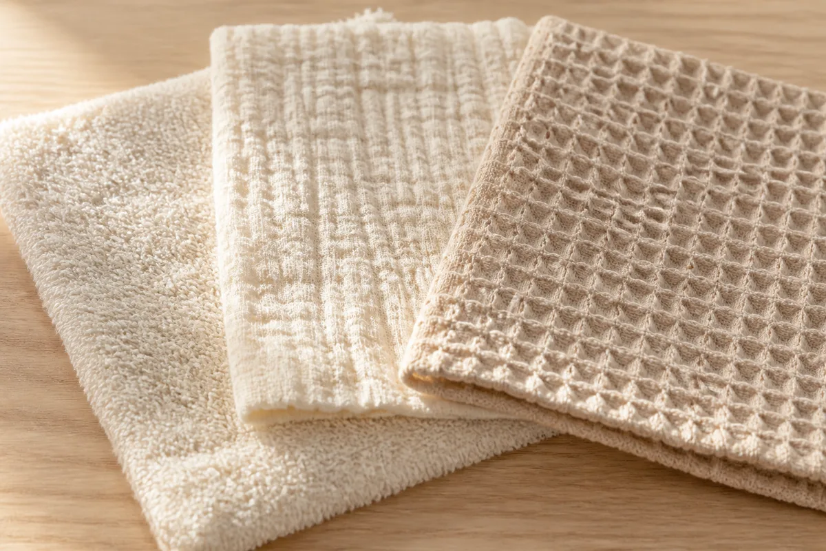 Trois carrés de tissu superposés, éponge bouclette, gaze froissée et maille nid d’abeille, posés à plat sur un plan de travail en bois clair