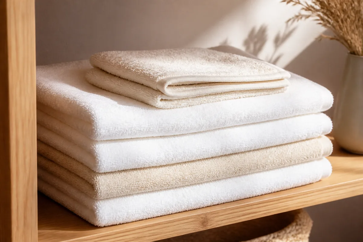 Linge de bain en éponge écrue plié en pile sur une étagère en bois, lumière naturelle douce