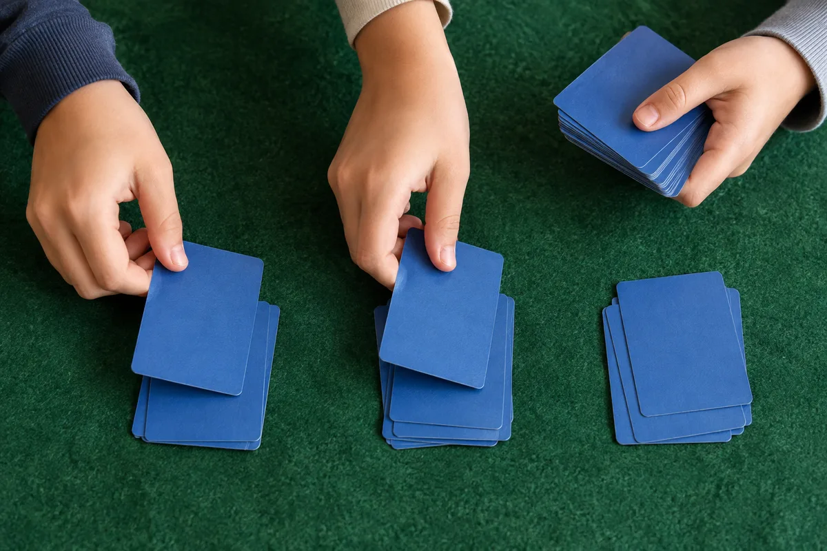 Mains d&rsquo;enfant qui trient des cartes à collectionner posées côté dos sur un tapis de feutre vert