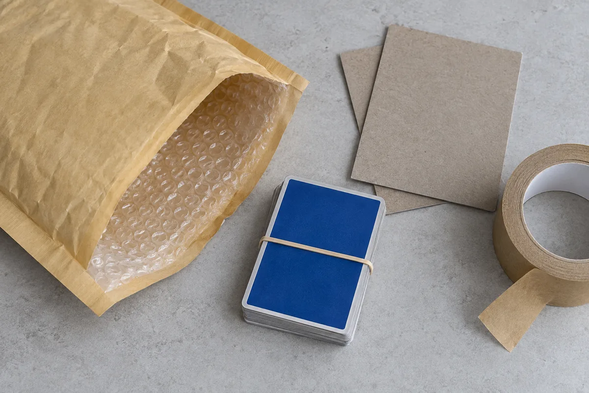 Enveloppe à bulles, cartons rigides et pile de cartes à collectionner prêtes à être emballées