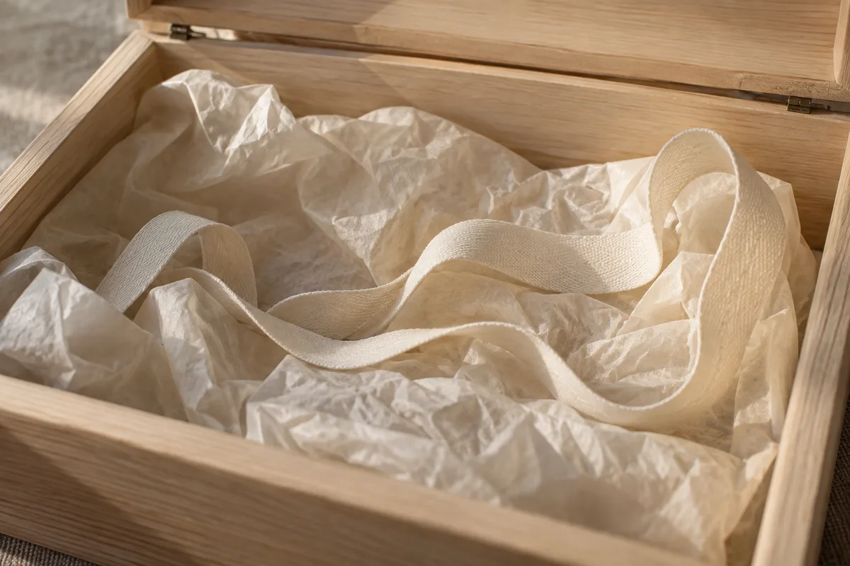 Feuille de papier de soie crème et ruban de coton plat au fond d’un coffret ouvert en bois clair