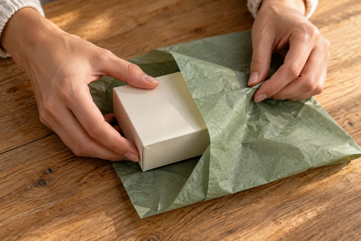 Mains glissant une petite boîte unie dans une pochette de papier de soie vert sauge