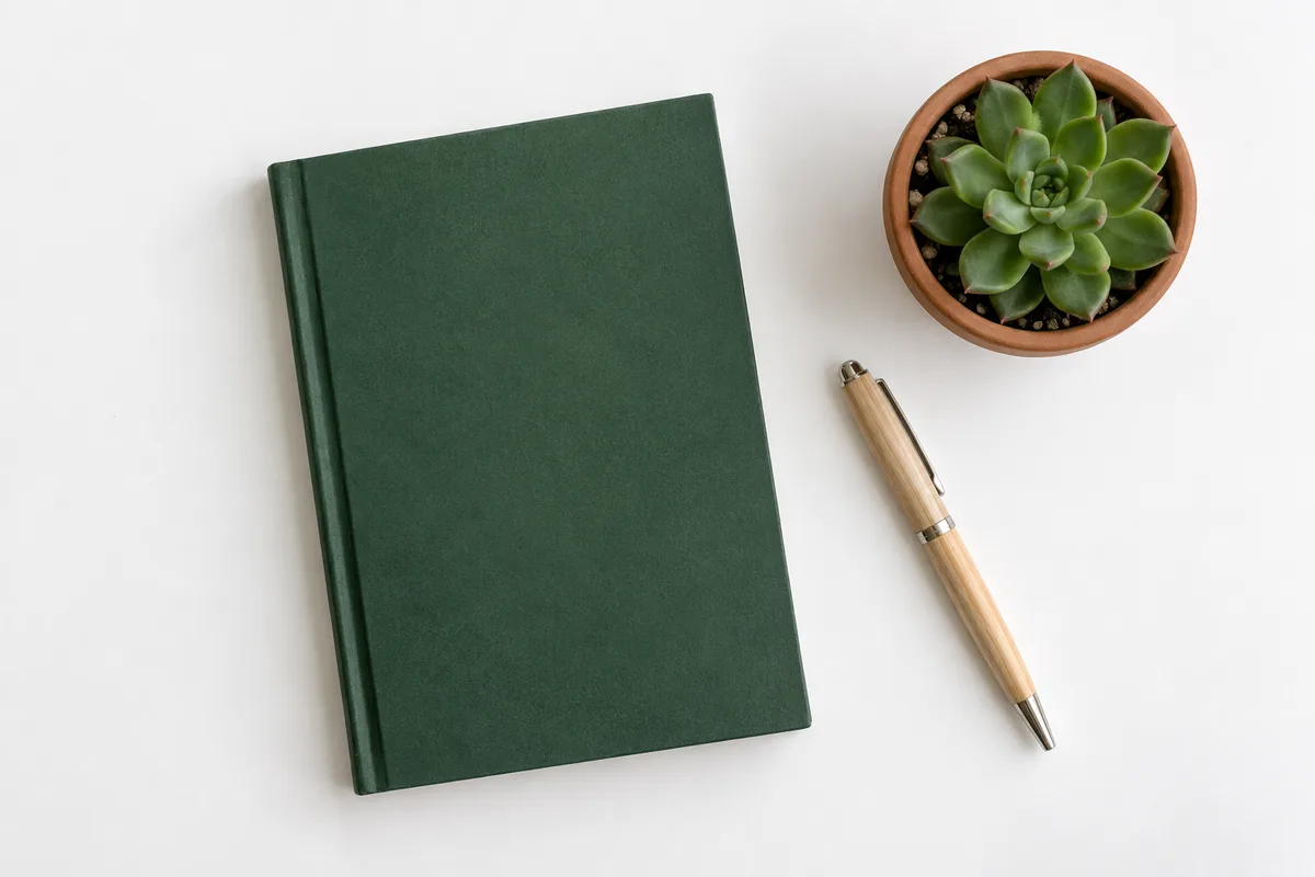Carnet fermé à couverture unie et stylo en bois posés près d’une petite plante, vue de dessus