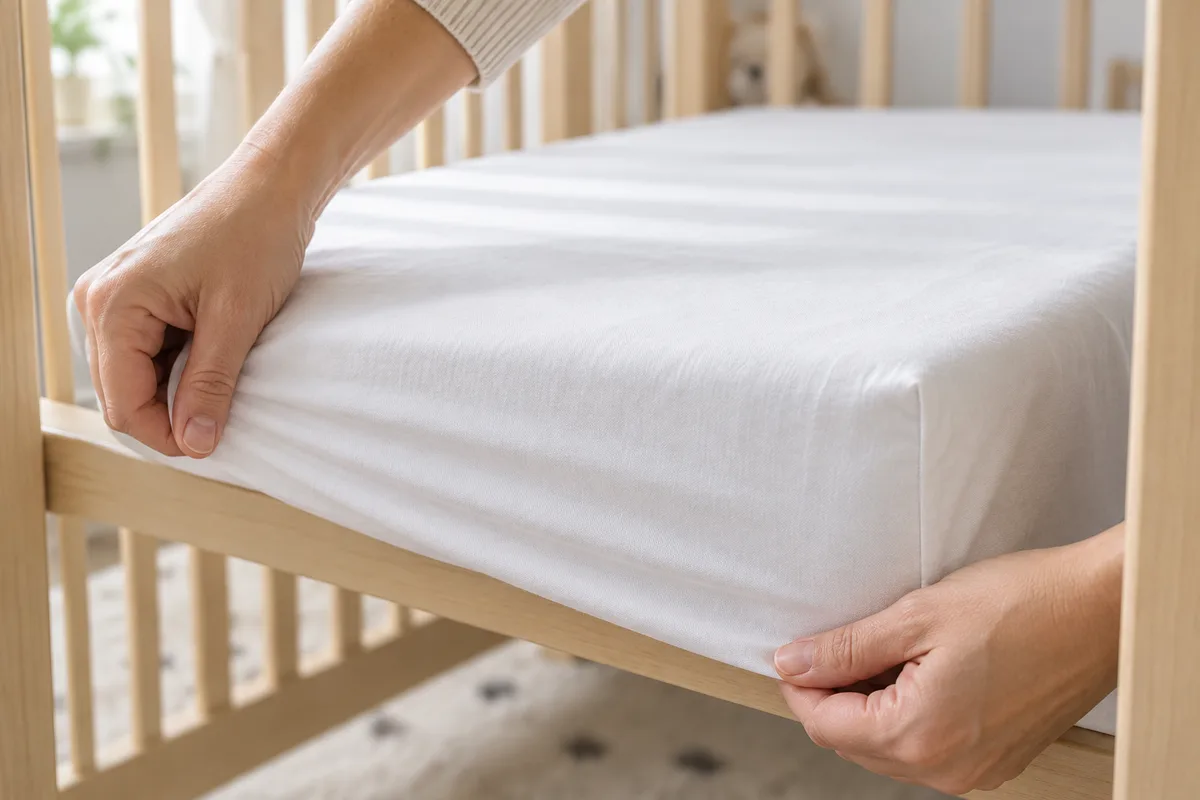 Mains qui ajustent un drap-housse uni sur le matelas ferme du lit de bébé