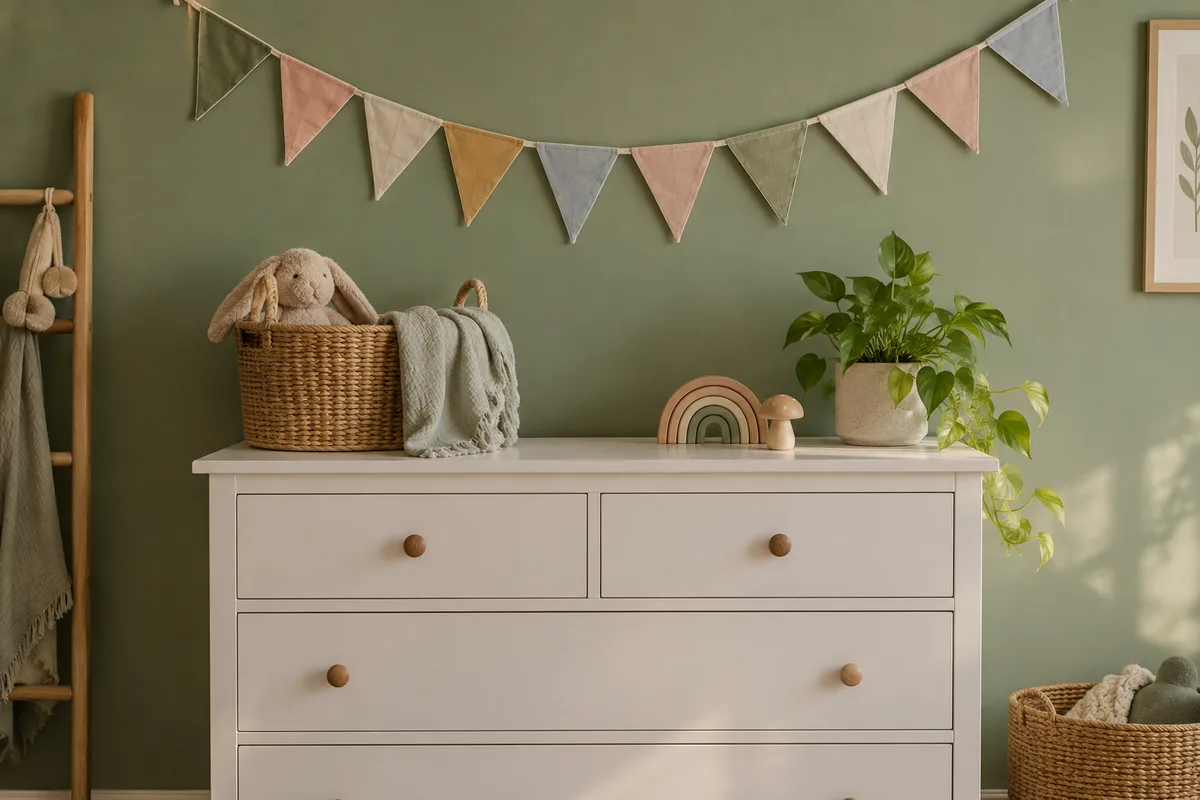 Guirlande de fanions en tissu uni fixée au mur au-dessus de la commode de la chambre