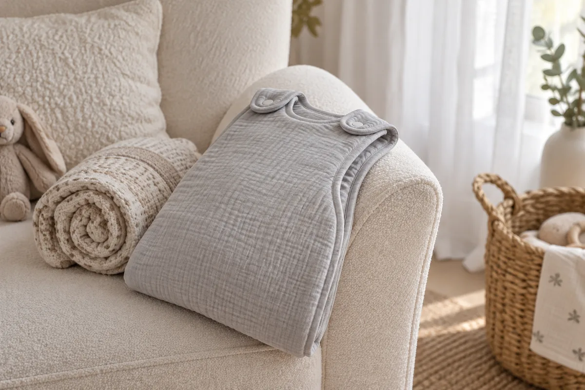 Turbulette en coton pliée posée sur un fauteuil dans la chambre de bébé
