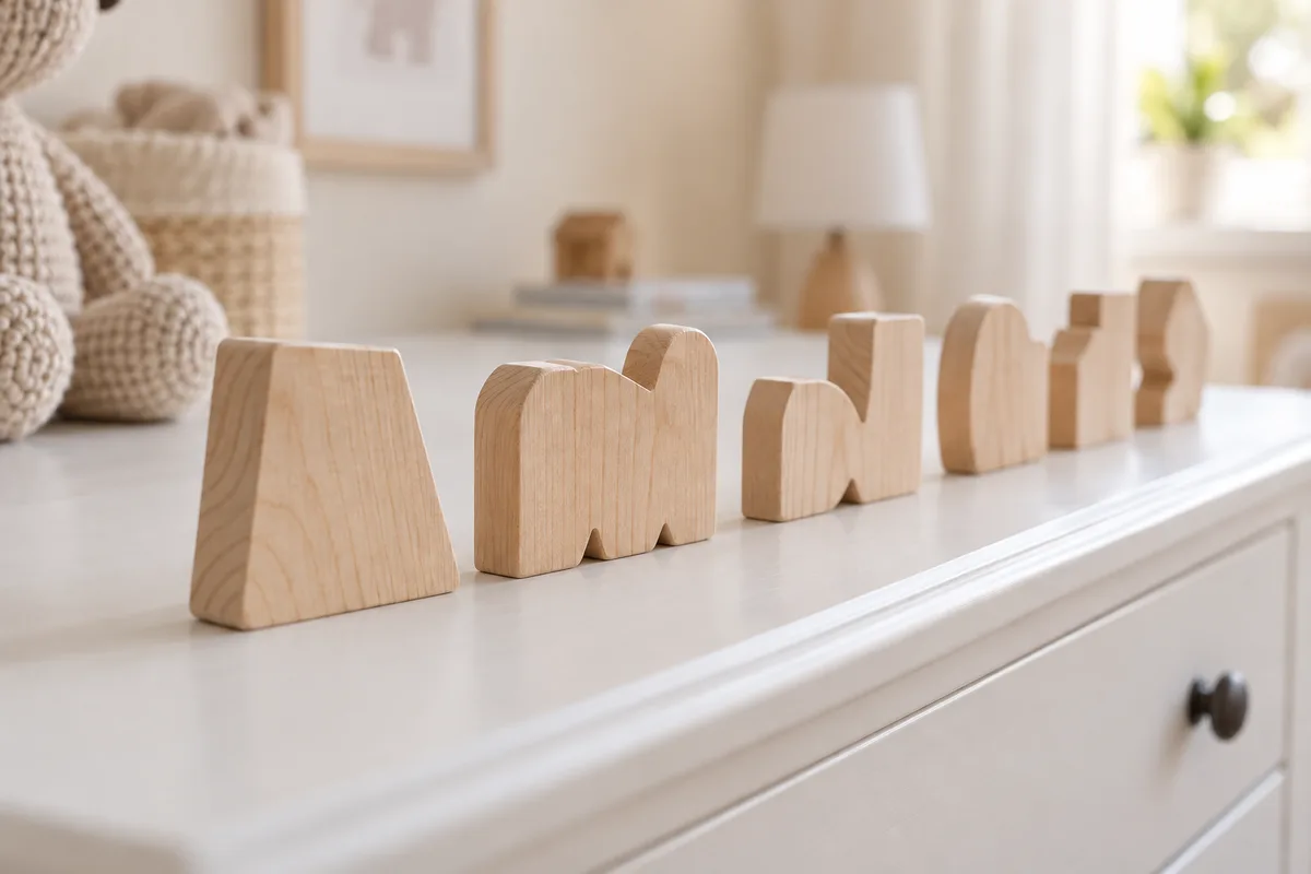 Petites pièces en bois clair aux faces lisses alignées sur une commode blanche