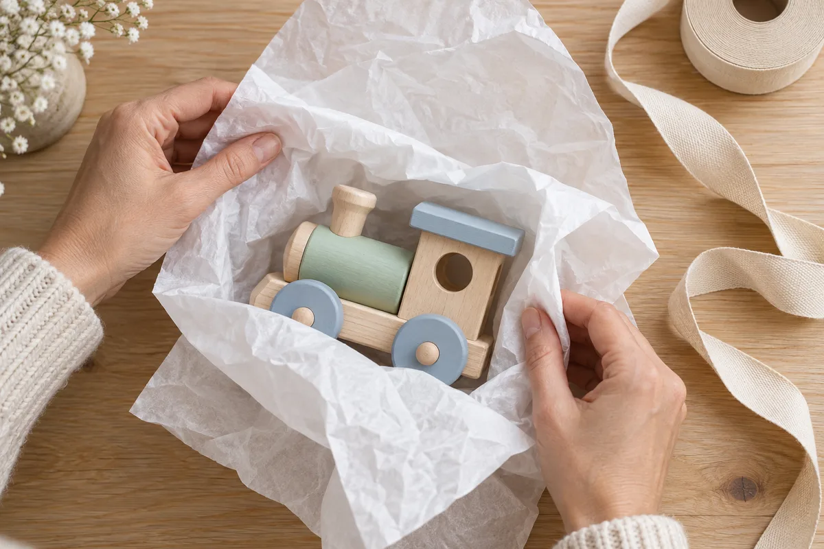 Mains qui enveloppent un petit train en bois dans du papier de soie blanc