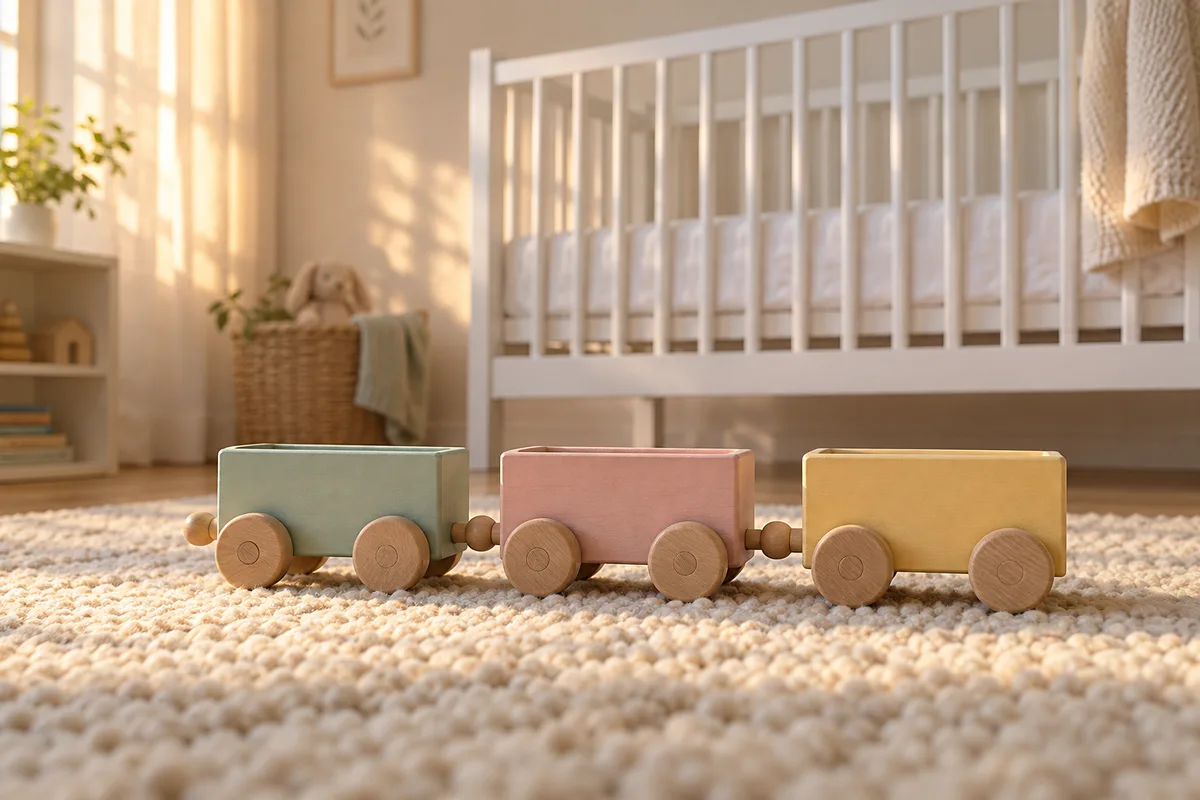 Wagons en bois pastel sur un tapis de laine écrue au pied d&rsquo;un lit à barreaux